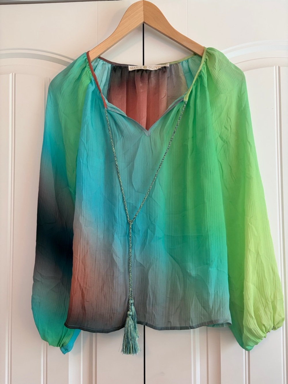 Marie Oliver 100% Silk Women's Tie Dye V Neck Blouse w/ Tassels Size XXS